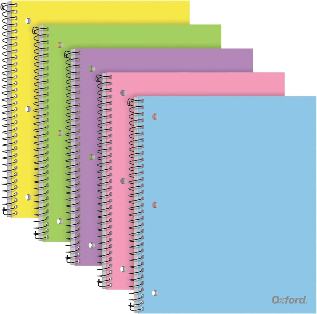5-Pack College Ruled Spiral Notebooks, 100 Sheets Each, Pastel Colors, Durable Plastic Covers, 9x11 Inches